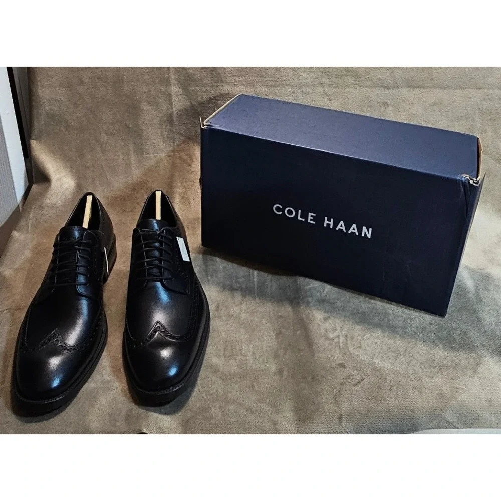 Cole Haan Mens 9.5 ME Wing Oxford Black Waterproof Leather Wingtip Shoes C34262